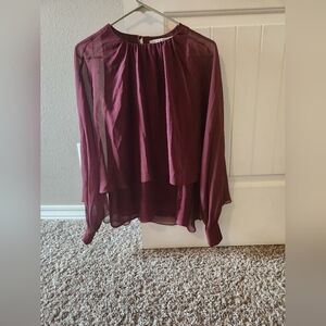 Trina Turk Burgundy Sheer Long Sleeve Blouse